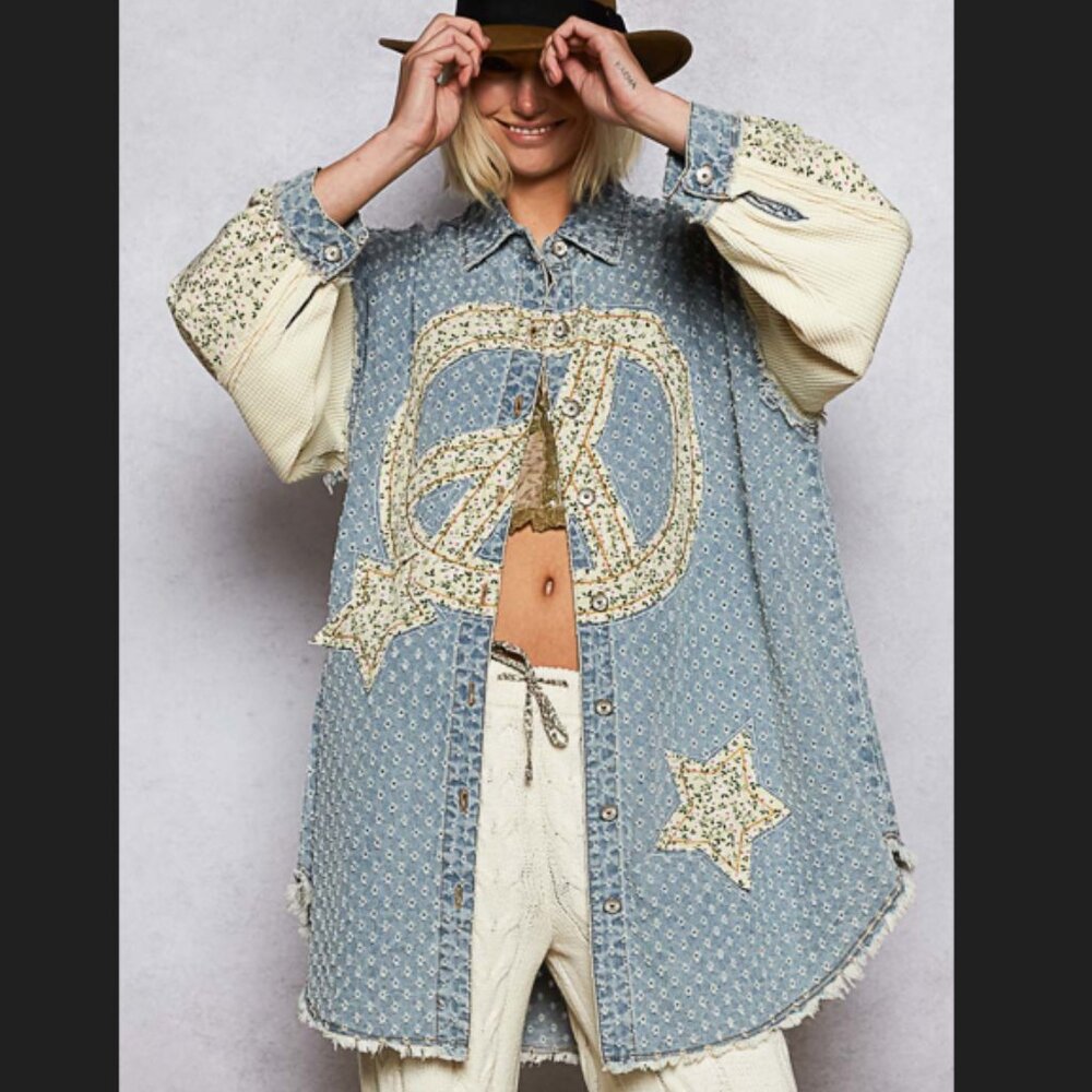 P46 POL PEACE & STAR LONG DENIM DUSTER CARDIGAN DRESS - Will Fit 1X/2X